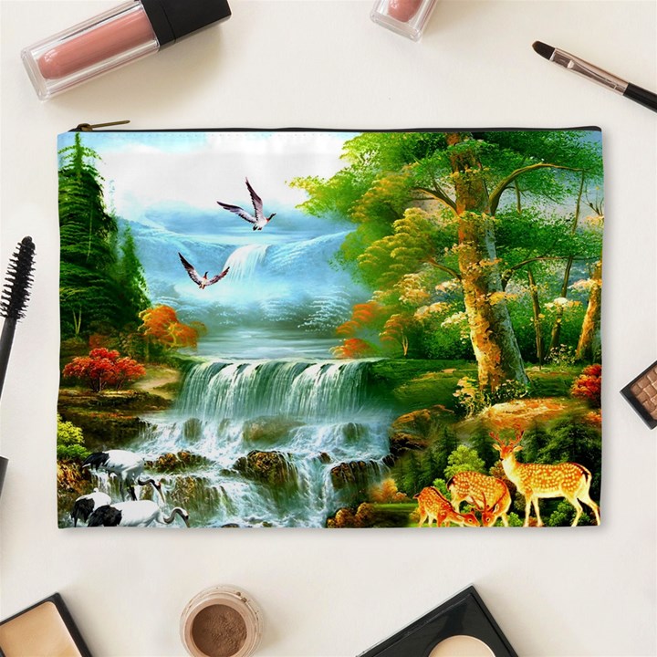 Paradise Forest Painting Bird Deer Waterfalls Cosmetic Bag (XL)