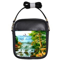 Paradise Forest Painting Bird Deer Waterfalls Girls Sling Bag by Ndabl3x