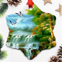 Paradise Forest Painting Bird Deer Waterfalls Snowflake Ornament (two Sides) by Ndabl3x