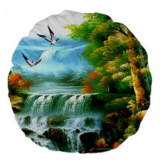 Paradise Forest Painting Bird Deer Waterfalls Large 18  Premium Round Cushions by Ndabl3x