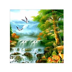 Paradise Forest Painting Bird Deer Waterfalls Square Satin Scarf (30  X 30 ) by Ndabl3x