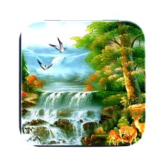 Paradise Forest Painting Bird Deer Waterfalls Square Metal Box (black) by Ndabl3x