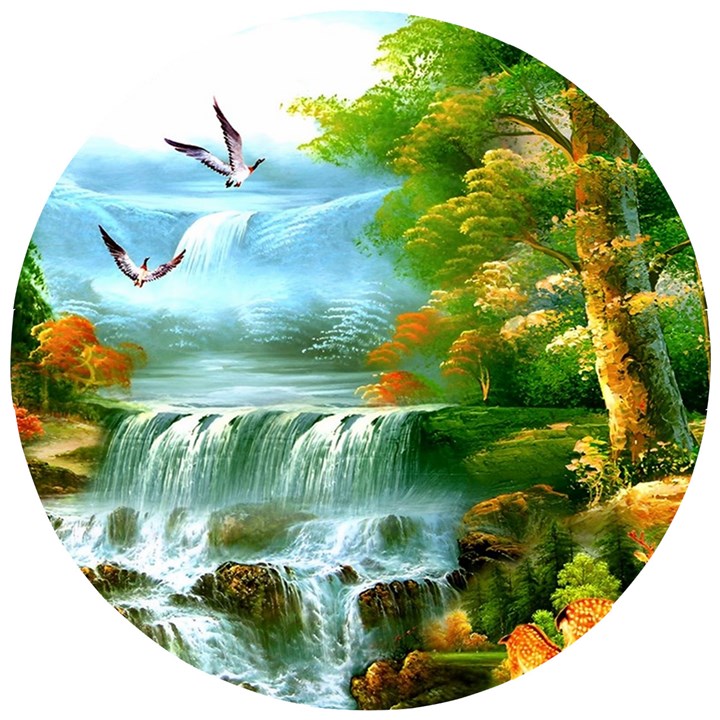 Paradise Forest Painting Bird Deer Waterfalls Wooden Puzzle Round