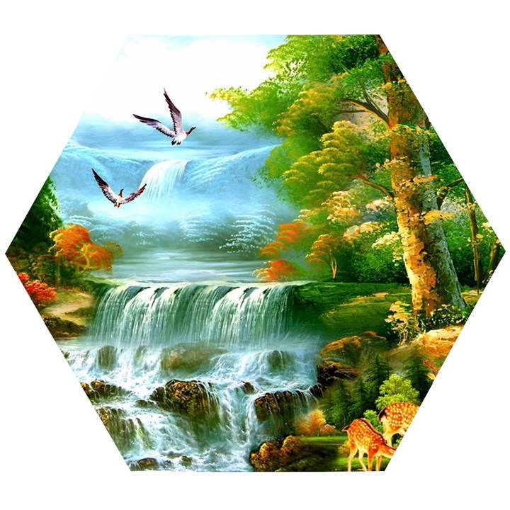 Paradise Forest Painting Bird Deer Waterfalls Wooden Puzzle Hexagon