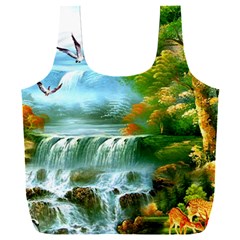 Paradise Forest Painting Bird Deer Waterfalls Full Print Recycle Bag (xxxl) by Ndabl3x