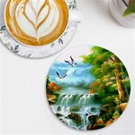 Paradise Forest Painting Bird Deer Waterfalls UV Print Round Tile Coaster Front