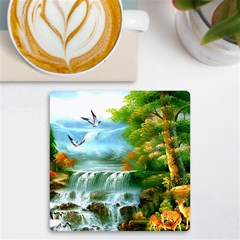 Paradise Forest Painting Bird Deer Waterfalls Uv Print Square Tile Coaster  by Ndabl3x