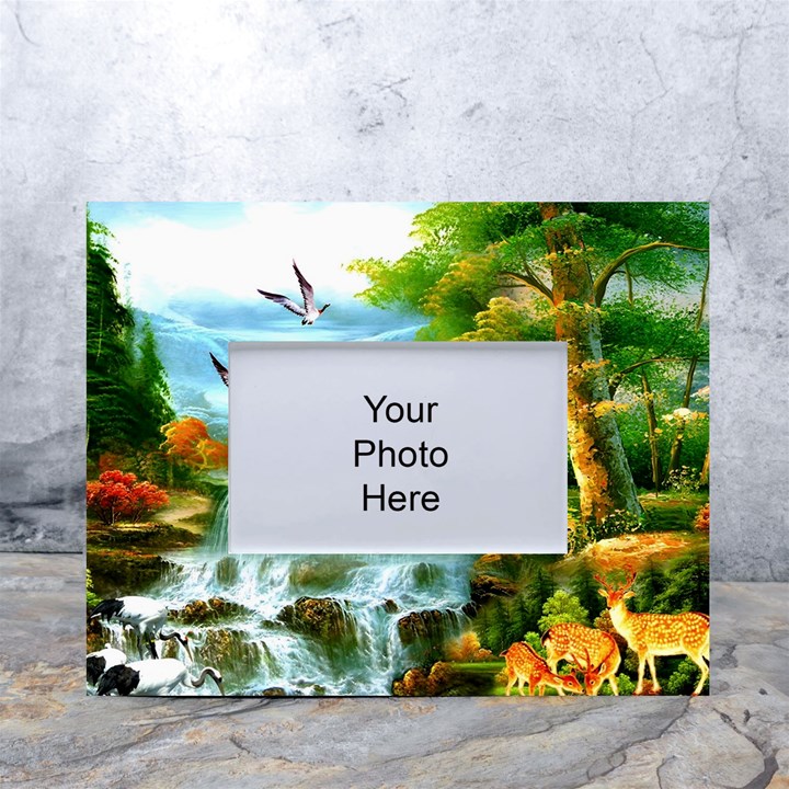 Paradise Forest Painting Bird Deer Waterfalls White Tabletop Photo Frame 4 x6 