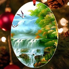 Paradise Forest Painting Bird Deer Waterfalls Uv Print Acrylic Ornament Oval