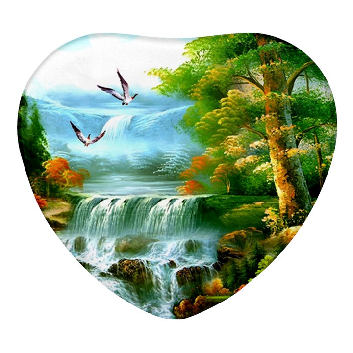 Paradise Forest Painting Bird Deer Waterfalls Heart Glass Fridge Magnet (4 pack)