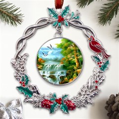 Paradise Forest Painting Bird Deer Waterfalls Metal X mas Wreath Holly Leaf Ornament by Ndabl3x