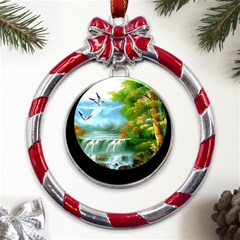 Paradise Forest Painting Bird Deer Waterfalls Metal Red Ribbon Round Ornament by Ndabl3x