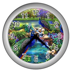 Peacocks In Garden Wall Clock (silver) by Ndabl3x