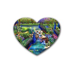 Peacocks In Garden Rubber Heart Coaster (4 Pack) by Ndabl3x