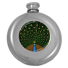 Peacock Feathers Tail Green Beautiful Bird Round Hip Flask (5 Oz) by Ndabl3x