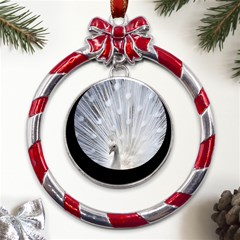 White Peacock Bird Metal Red Ribbon Round Ornament by Ndabl3x