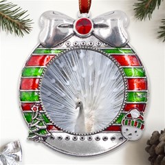 White Peacock Bird Metal X mas Ribbon With Red Crystal Round Ornament by Ndabl3x