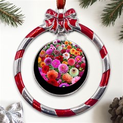 Flowers Colorful Garden Nature Metal Red Ribbon Round Ornament by Ndabl3x