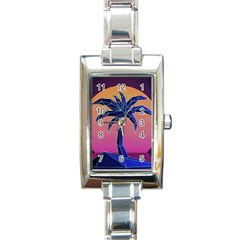 Abstract 3d Art Holiday Island Palm Tree Pink Purple Summer Sunset Water Rectangle Italian Charm Watch by Cemarart