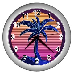 Abstract 3d Art Holiday Island Palm Tree Pink Purple Summer Sunset Water Wall Clock (silver) by Cemarart