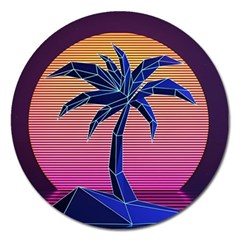 Abstract 3d Art Holiday Island Palm Tree Pink Purple Summer Sunset Water Magnet 5  (round) by Cemarart