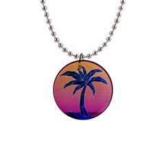 Abstract 3d Art Holiday Island Palm Tree Pink Purple Summer Sunset Water 1  Button Necklace by Cemarart