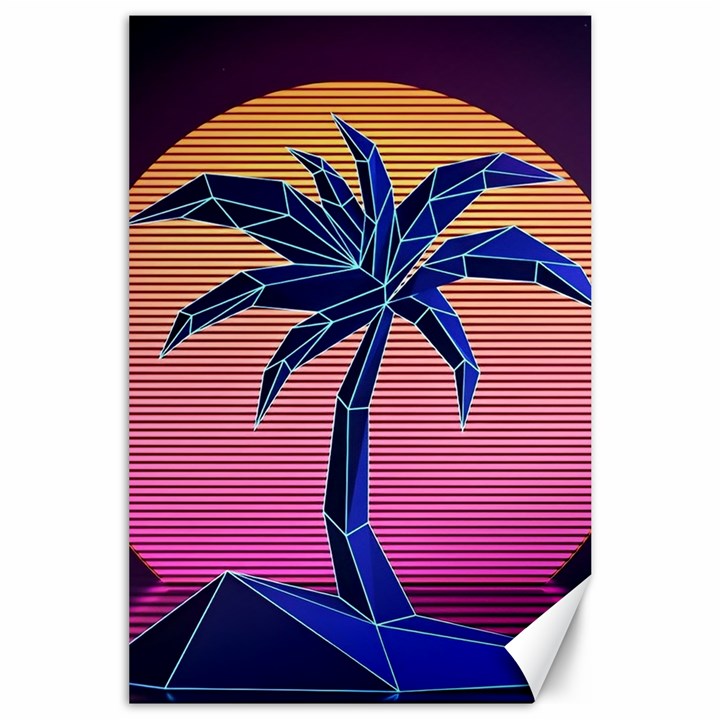 Abstract 3d Art Holiday Island Palm Tree Pink Purple Summer Sunset Water Canvas 24  x 36 