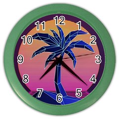 Abstract 3d Art Holiday Island Palm Tree Pink Purple Summer Sunset Water Color Wall Clock by Cemarart