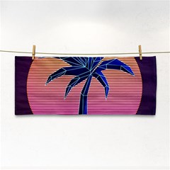 Abstract 3d Art Holiday Island Palm Tree Pink Purple Summer Sunset Water Hand Towel by Cemarart