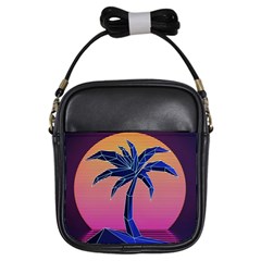 Abstract 3d Art Holiday Island Palm Tree Pink Purple Summer Sunset Water Girls Sling Bag by Cemarart