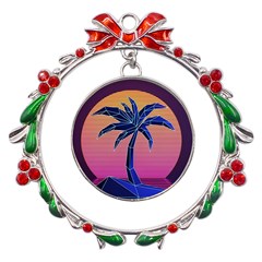 Abstract 3d Art Holiday Island Palm Tree Pink Purple Summer Sunset Water Metal X mas Wreath Ribbon Ornament by Cemarart