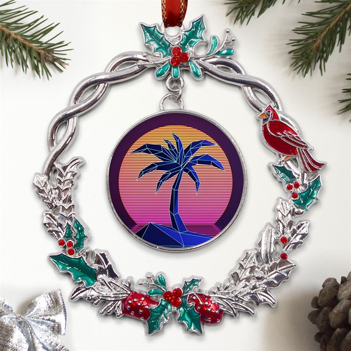 Abstract 3d Art Holiday Island Palm Tree Pink Purple Summer Sunset Water Metal X mas Wreath Holly leaf Ornament