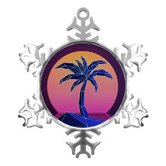 Abstract 3d Art Holiday Island Palm Tree Pink Purple Summer Sunset Water Metal Small Snowflake Ornament