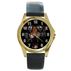 Tiger Angry Nima Face Wild Round Gold Metal Watch by Cemarart