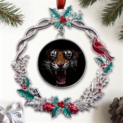 Tiger Angry Nima Face Wild Metal X mas Wreath Holly Leaf Ornament by Cemarart