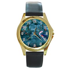 Fish Koi Carp Round Gold Metal Watch by Cemarart