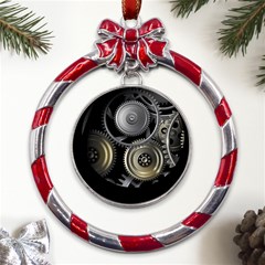 Abstract Style Gears Gold Silver Metal Red Ribbon Round Ornament by Cemarart