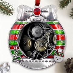 Abstract Style Gears Gold Silver Metal X mas Ribbon With Red Crystal Round Ornament by Cemarart