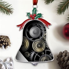 Abstract Style Gears Gold Silver Metal Holly Leaf Bell Ornament by Cemarart