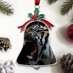 Angry Tiger Roar Metal Holly Leaf Bell Ornament by Cemarart