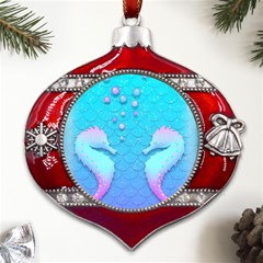 Seahorse Metal Snowflake And Bell Red Ornament by Cemarart