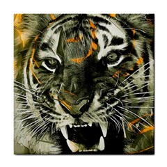 Angry Tiger Animal Broken Glasses Tile Coaster by Cemarart