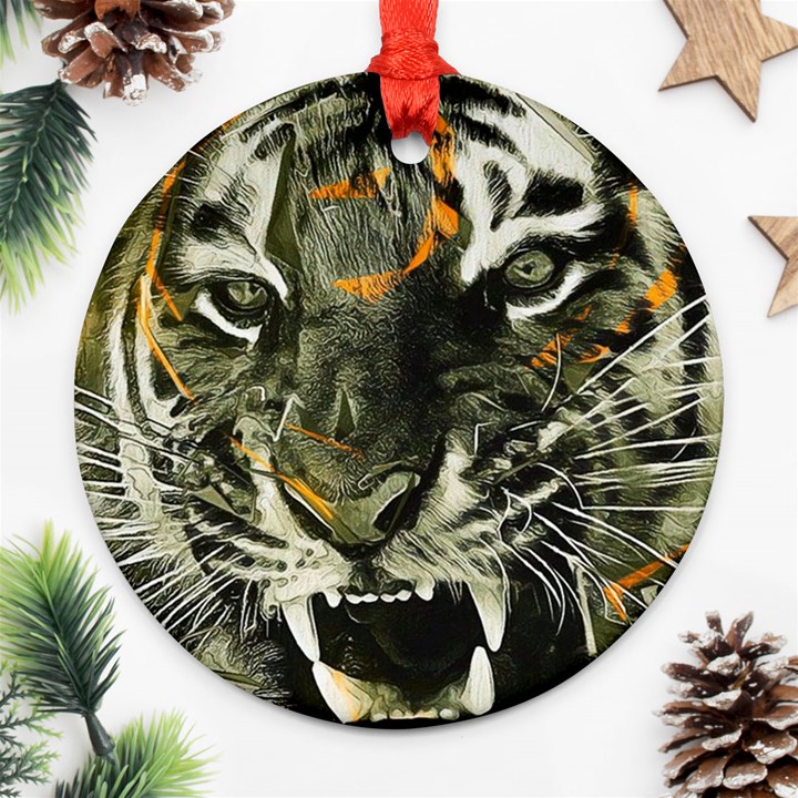 Angry Tiger Animal Broken Glasses Ornament (Round)