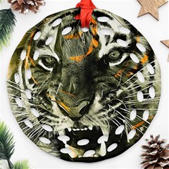 Angry Tiger Animal Broken Glasses Ornament (round Filigree) by Cemarart