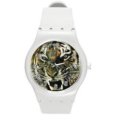 Angry Tiger Animal Broken Glasses Round Plastic Sport Watch (m) by Cemarart