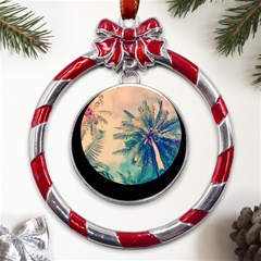 Palm Trees Beauty Nature Clouds Summer Metal Red Ribbon Round Ornament by Cemarart