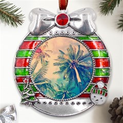 Palm Trees Beauty Nature Clouds Summer Metal X mas Ribbon With Red Crystal Round Ornament by Cemarart