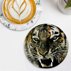 Angry Tiger Animal Broken Glasses Uv Print Round Tile Coaster by Cemarart