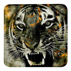 Angry Tiger Animal Broken Glasses Square Glass Fridge Magnet (4 Pack) by Cemarart