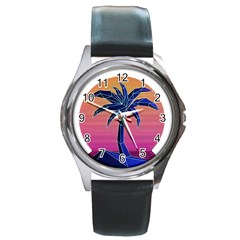 Abstract 3d Art Holiday Island Palm Tree Pink Purple Summer Sunset Water Round Metal Watch by Cemarart